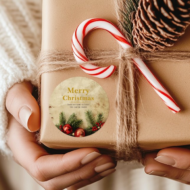 Vintage Christmas Gold Sticker | Classic & Elegant (Vintage Christmas sticker on burnt parchment with red & green creeper — ideal for gifts, envelopes!)