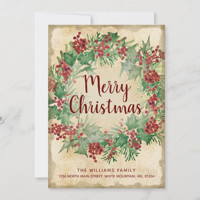 Vintage Christmas Green Holly Berry Wreath Moving Ankündigung (Vorderseite)