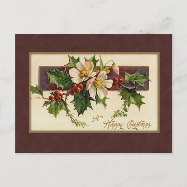 Vintage Christmas Holly Feiertagspostkarte (Vorderseite)