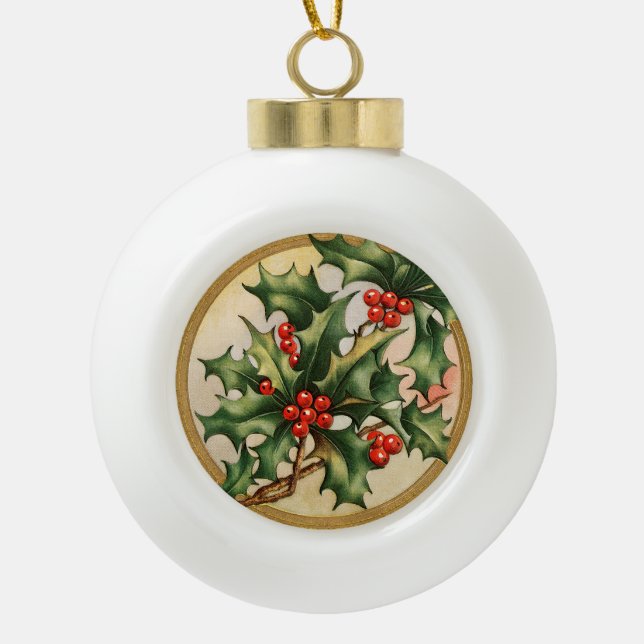 Vintage Christmas Holly Keramik Kugel-Ornament (Vorderseite)