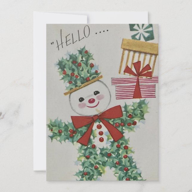 Vintage Christmas Holly Snowman Feiertagskarte (Vorderseite)