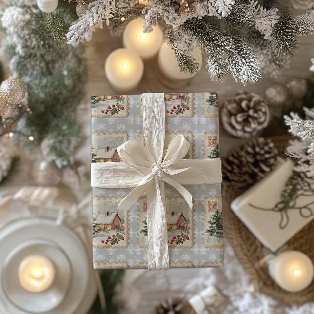 Vintage Christmas Hütte Postage Briefmarke Geschenkpapier (Von Creator hochgeladen)