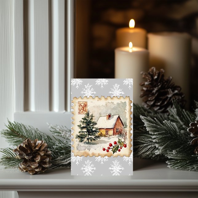 Vintage Christmas Hütte Postage Briefmarke Karte (Von Creator hochgeladen)