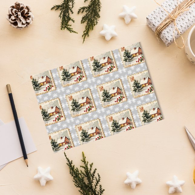 Vintage Christmas Hütte Postage Briefmarke Seidenpapier (Von Creator hochgeladen)