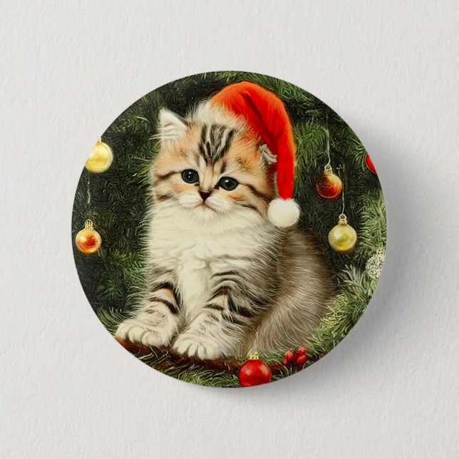 Vintage Christmas Kitten Button (Vorderseite)