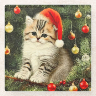 Vintage Christmas Kitten Glasuntersetzer