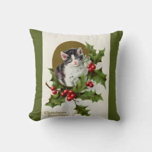 Vintage Christmas Kitten Green Throw Kissen