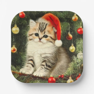 Vintage Christmas Kitten Pappteller