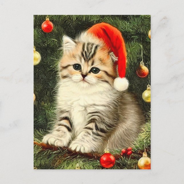 Vintage Christmas Kitten Postkarte (Vorderseite)