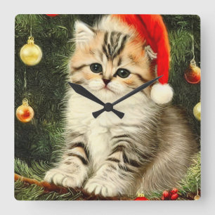 Vintage Christmas Kitten Quadratische Wanduhr