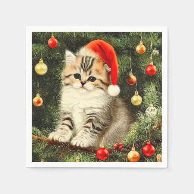 Vintage Christmas Kitten Serviette (Vorderseite)