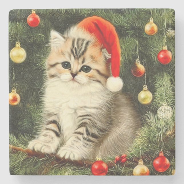 Vintage Christmas Kitten Steinuntersetzer (Vorderseite)