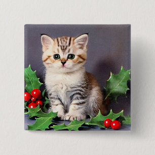 Vintage Christmas Kitten und Holly Button