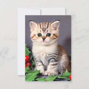 Vintage Christmas Kitten und Holly Dankeskarte