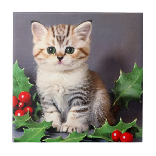 Vintage Christmas Kitten und Holly Fliese