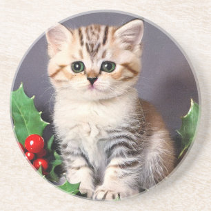Vintage Christmas Kitten und Holly Getränkeuntersetzer