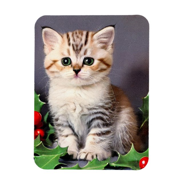 Vintage Christmas Kitten und Holly Magnet (Vertikal)