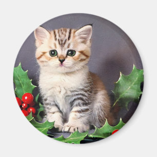 Vintage Christmas Kitten und Holly Magnet