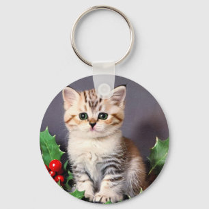 Vintage Christmas Kitten und Holly Schlüsselanhänger