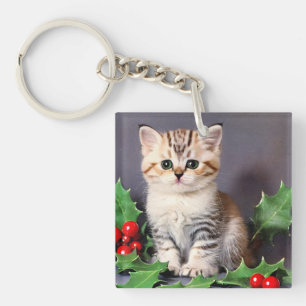 Vintage Christmas Kitten und Holly Schlüsselanhänger