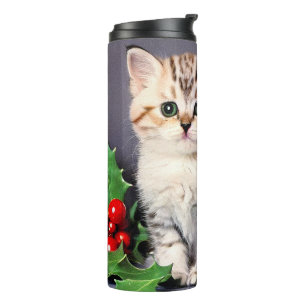 Vintage Christmas Kitten und Holly Thermosbecher