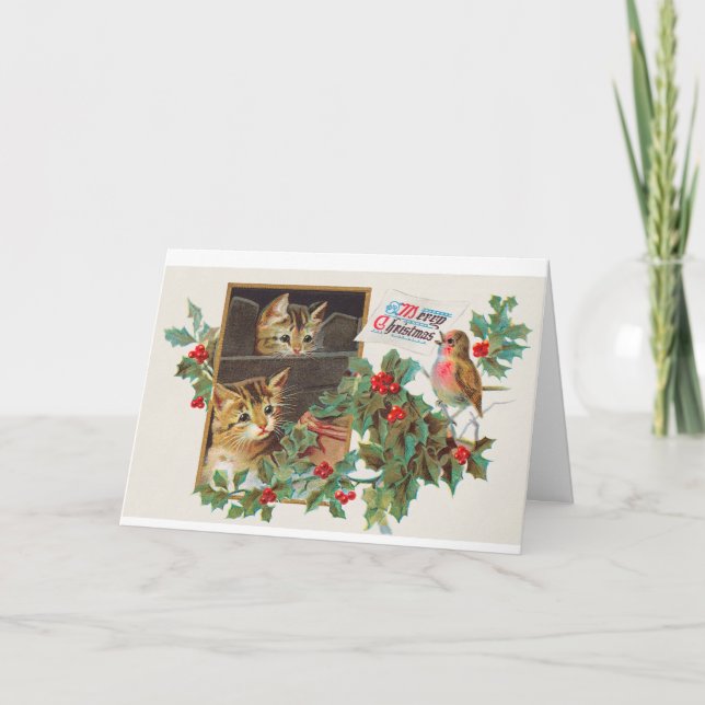 Vintage Christmas Kittens Feiertagskarte (Vorderseite)