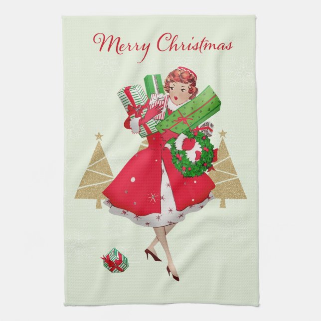Vintage Christmas Lady präsentiert Red Green Gold Geschirrtuch (Vertikal)