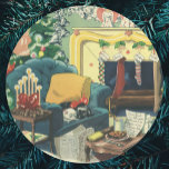 Vintage Christmas Pets in the Living Room Runder Aufkleber<br><div class="desc">Vintage illustration Merry Christmas holiday scene featuring an interior room of a house. A living room with a decorated Christmas tree, stockings hung by the fireplace, a snack and letter left for Santa Claus and the family pets (a kitten and a puppy dog) snuggle together asleep on the couch waiting...</div>