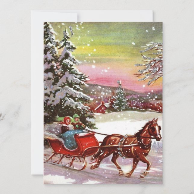 Vintage Christmas Pferd Sleigh Feiertagskarte (Vorderseite)
