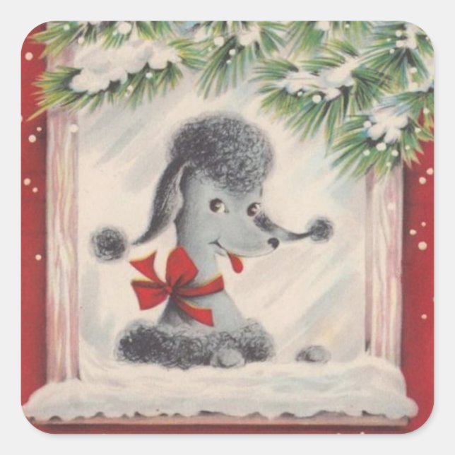Vintage Christmas Poodle Quadratischer Aufkleber (Vorderseite)