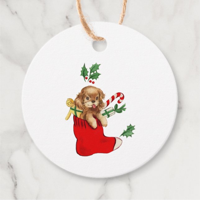 Vintage Christmas Puppy Geschenkanhänger (Vorderseite)