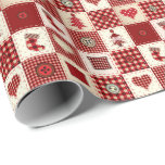 Vintage Christmas Quilt Muster Wrapping Paper Geschenkpapier<br><div class="desc">Homey Alte Weihnachtsfeier - Weihnachts-Weihnachtsmuster mit Bäumen,  Herzen und Strümpfen im Gingham Stil Quiltmuster</div>