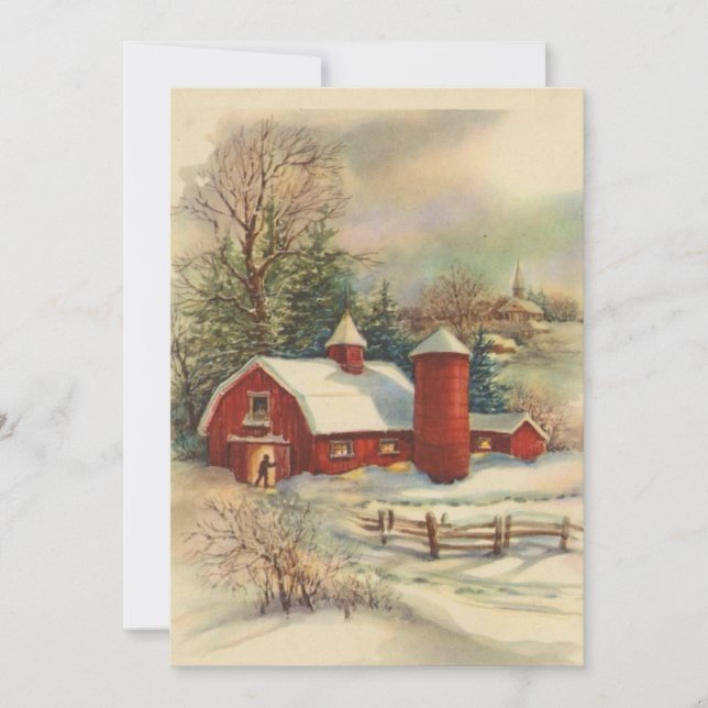 Vintage Christmas Red Barn Feiertagskarte (Vorderseite)