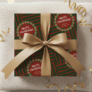 Vintage Christmas Red Green Kariert Familienname Geschenkpapier