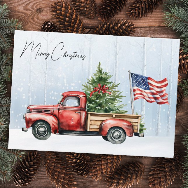 Vintage Christmas Red Truck Patriotic USA Flag Mitteilungskarte (Von Creator hochgeladen)