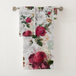 Vintage Christmas Rose Joyeux Weihnachten Ephemera Badhandtuch Set<br><div class="desc">Elegante und detailreiche Weihnachtsblumenkomposition mit Typografie des "Joyeux Weihnachtens",  handgeschriebener Schrift,  Portragrafie,  Heilige,  Misteloe und tiefrote und Elfenbein-Rose auf uralter Pergamentbasis.</div>