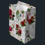 Vintage Christmas Rose Joyeux Weihnachten Ephemera Mittlere Geschenktüte<br><div class="desc">Elegante und detailreiche Weihnachtsblumenkomposition mit Typografie des "Joyeux Weihnachtens",  handgeschriebener Schrift,  Portragrafie,  Heilige,  Misteloe und tiefrote und Elfenbein-Rose auf uralter Pergamentbasis.</div>