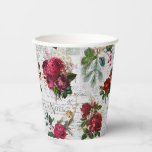 Vintage Christmas Rose Joyeux Weihnachten Ephemera Pappbecher<br><div class="desc">Elegante und detailreiche Weihnachtsblumenkomposition mit Typografie des "Joyeux Weihnachtens",  handgeschriebener Schrift,  Portragrafie,  Heilige,  Misteloe und tiefrote und Elfenbein-Rose auf uralter Pergamentbasis.</div>