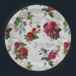 Vintage Christmas Rose Joyeux Weihnachten Ephemera Pappteller<br><div class="desc">Elegante und detailreiche Weihnachtsblumenkomposition mit Typografie des "Joyeux Weihnachtens",  handgeschriebener Schrift,  Portragrafie,  Heilige,  Misteloe und tiefrote und Elfenbein-Rose auf uralter Pergamentbasis.</div>