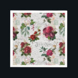 Vintage Christmas Rose Joyeux Weihnachten Ephemera Serviette<br><div class="desc">Elegante und detailreiche Weihnachtsblumenkomposition mit Typografie des "Joyeux Weihnachtens",  handgeschriebener Schrift,  Portragrafie,  Heilige,  Misteloe und tiefrote und Elfenbein-Rose auf uralter Pergamentbasis.</div>