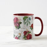 Vintage Christmas Rose Joyeux Weihnachten Ephemera Tasse<br><div class="desc">Elegante und detailreiche Weihnachtsblumenkomposition mit Typografie des "Joyeux Weihnachtens",  handgeschriebener Schrift,  Portragrafie,  Heilige,  Misteloe,  sowie tiefrote Rose,  Mönch und Elfenbein auf dem Hintergrund alter Pergamente.</div>