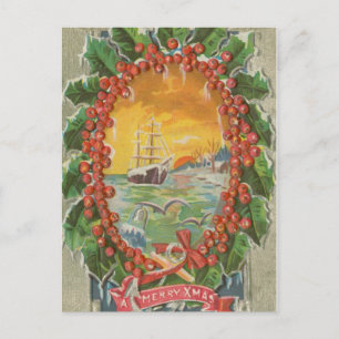 Vintage Christmas Sailboat Wreath Feiertagspostkarte