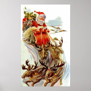 Vintage Christmas Santa and Reindeer Sleigh Print Poster