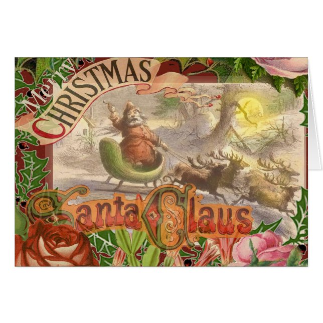 Vintage Christmas Santa Reindeer Sleigh (Vorderseite (Horizontal))