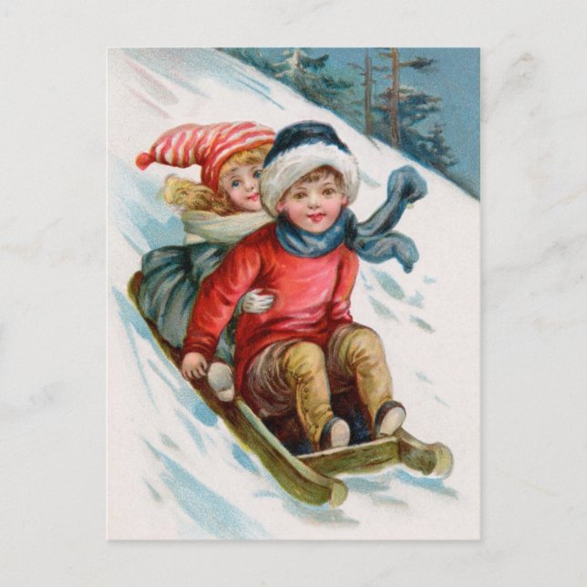 Vintage Christmas Sledding Feiertagspostkarte (Vorderseite)