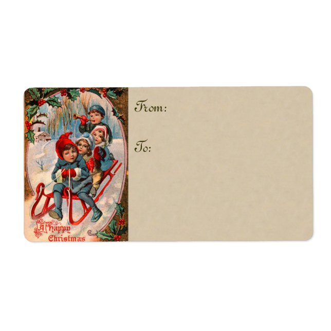 Vintage Christmas Sledding Grosses étiquettes cade (Devant)