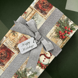 Vintage Christmas Snowman Ephemera Collage Geschenkpapier