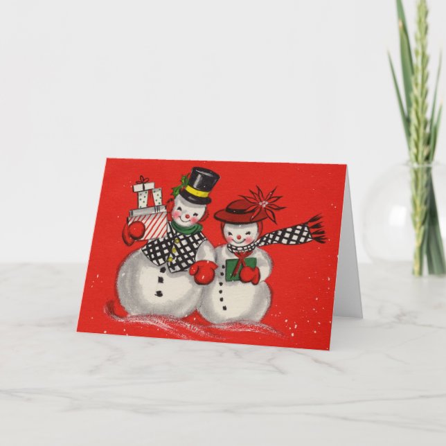 Vintage Christmas Snowman Feiertagskarte (Vorderseite)