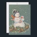 Vintage Christmas Snowman Feiertagskarte<br><div class="desc">Niedlicher Retro Weihnachtsschneemann mit Geschenken in der Schneeschuhkarte.</div>