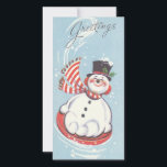 Vintage Christmas Snowman Feiertagskarte<br><div class="desc">Niedlicher Retro Weihnachtsschneemann,  der in der Schneeschuhkarte spielt.</div>
